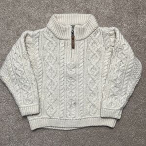 Aran Market Fisherman Sweater Kids 4-5 Cream Wool Cableknit Chunky 1/2 Zip Cozy